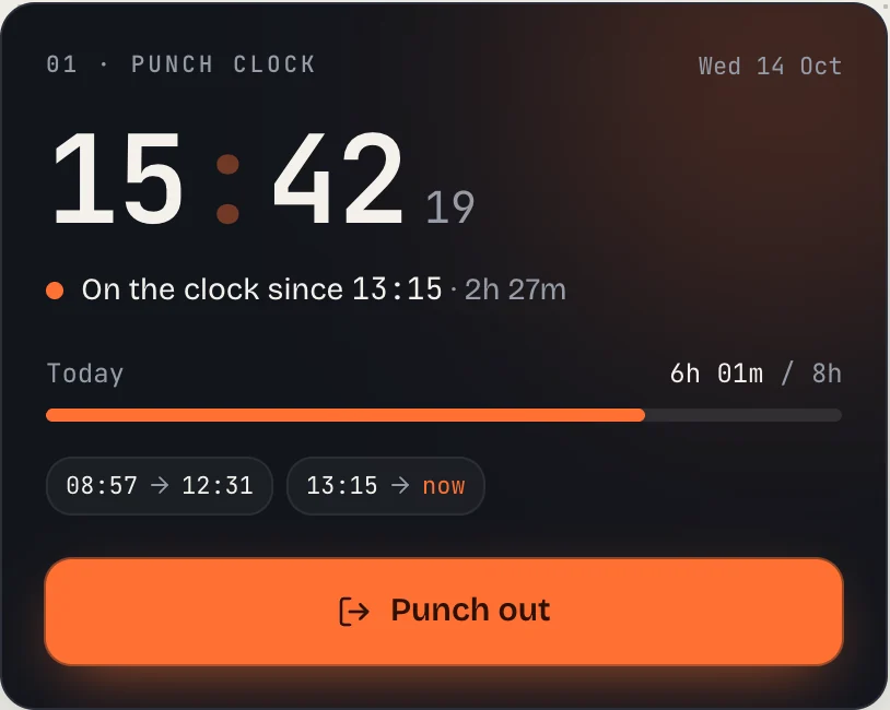 The punch clock, on the clock since 13:15 with two sessions logged today.